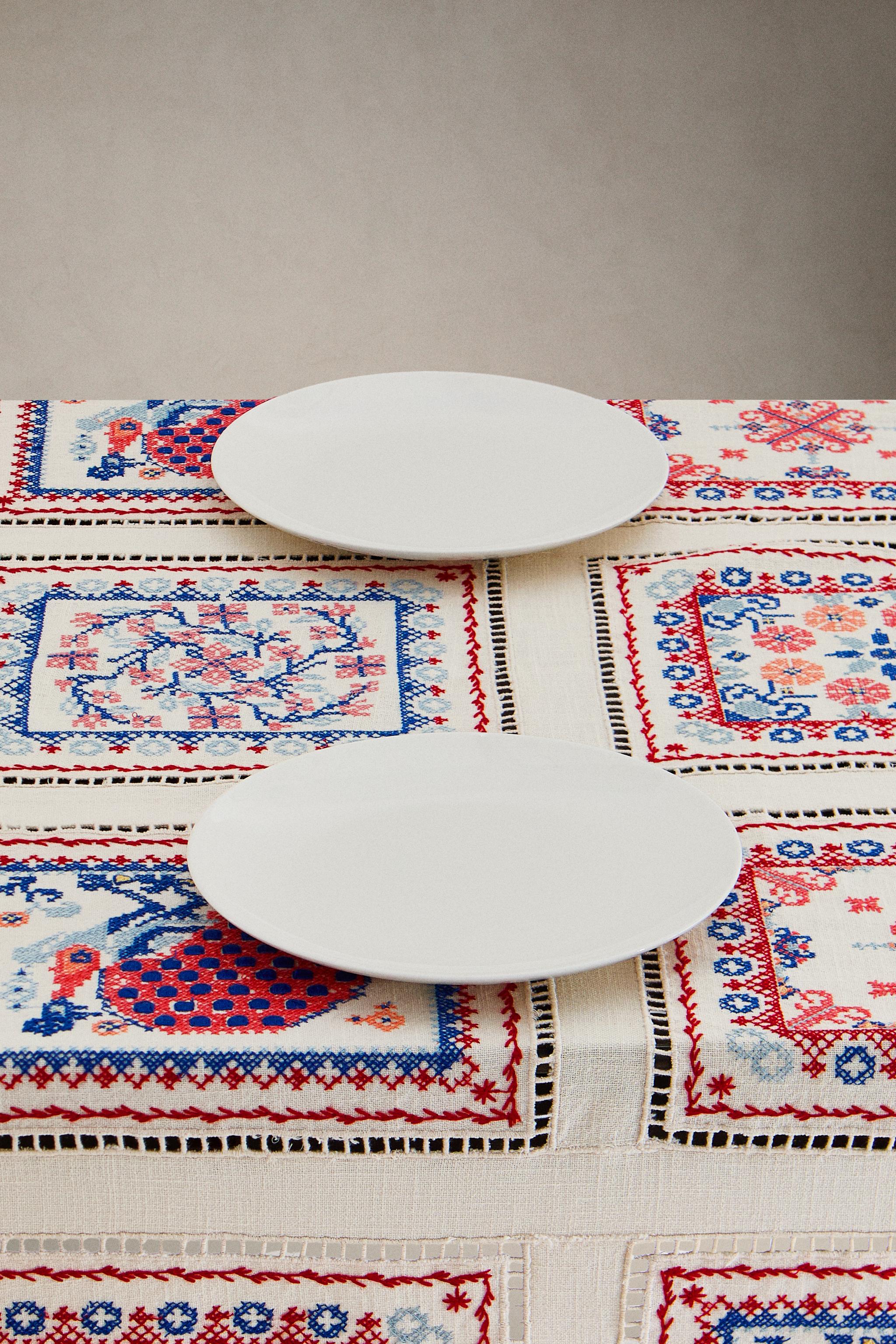 COTTON LINEN TABLECLOTH WITH EMBROIDERED CROSS-STITCH